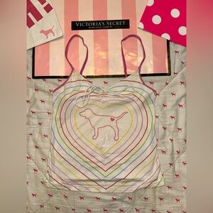 VS PINK VINTAGE Y2K 2005 CAMI TANK TOP WHITE RAINBOW HEART DOG PUP LOGO RARE MED